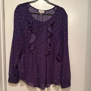 LOFT Purple Long Sleeve Ruffled Blouse